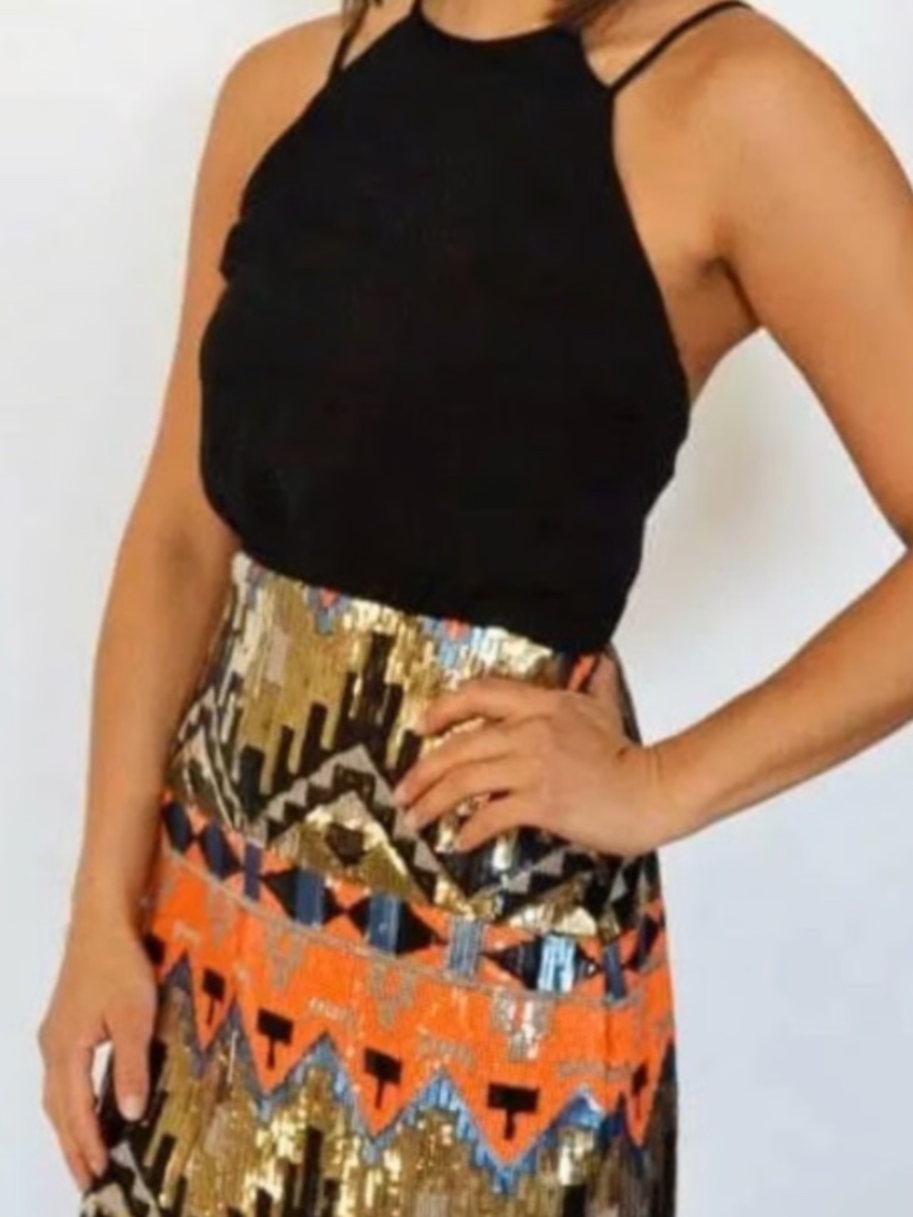 Jealous Tomato Black Halter Backless Dress with Orange & Blue Sequin (Size L)